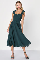 Sophisticated Charisma Dark Teal Tie-Strap A-Line Midi Dress