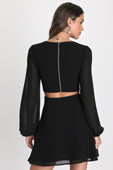 Garden Bliss Black Long Sleeve Cutout Mini Dress