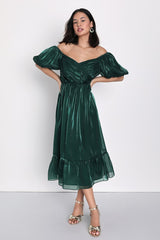 Remarkable Sensation Emerald Green Puff Sleeve Tiered Midi Dress