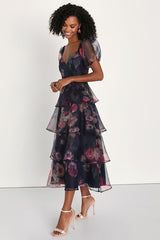 Oh-So Stunning Navy Blue Floral Organza Tiered Midi Dress