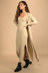 Layer Lover Beige Ribbed Knit Two-Piece Dress & Cardigan Set