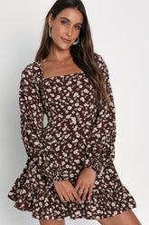 Coy Charm Brown Floral Print Long Sleeve Mini Dress