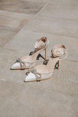 Lullie White Satin Rhinestone Ankle Strap Pointed-Toe Pumps