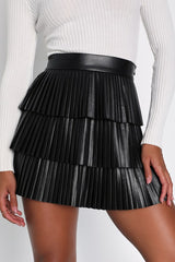 Bold Charm Black Vegan Leather Pleated Tiered Mini Skirt