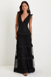 Marvelous Darling Black Lace Ruffled Tiered Maxi Dress