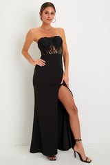 Sultry Persona Black Lace Strapless Bustier Mermaid Maxi Dress