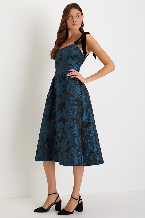 Beyond Graceful Black Floral Jacquard Velvet Tie-Strap Midi Dres