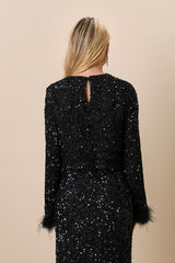 Sparkling Behavior Black Sequin Feather Long Sleeve Top