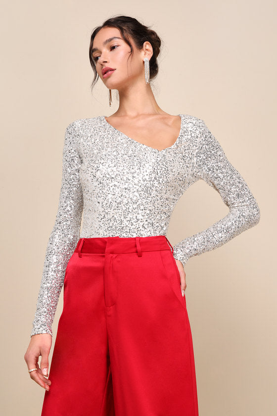 Unique Vibe Beige Sequin Asymmetrical Long Sleeve Top