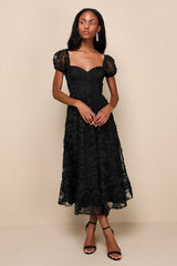 Notable Elegance Black Mesh Floral Applique Bustier Midi Dress