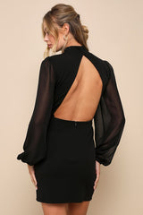 Exceptionally Flirty Black Long Sleeve Backless Mini Dress