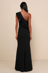Grand Beauty Black Ruffled One-Shoulder Mermaid Maxi Dress