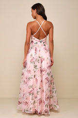 Romance That Wows Blush Floral Print Organza Maxi Dress