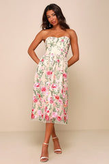 Endless Praise Beige Floral Embroidered Strapless Midi Dress
