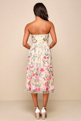 Endless Praise Beige Floral Embroidered Strapless Midi Dress