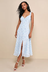 Charismatic Persona Light Blue Floral Tie-Strap Midi Dress