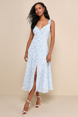 Charismatic Persona Light Blue Floral Tie-Strap Midi Dress
