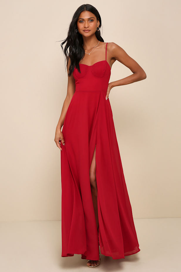Cause for Commotion Red Pleated Bustier Maxi Dress