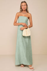 Radiant Season Sage Green Plisse Cutout Strapless Maxi Dress