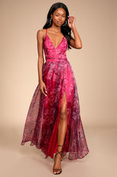 Romance That Wows Magenta Floral Print Organza Maxi Dress