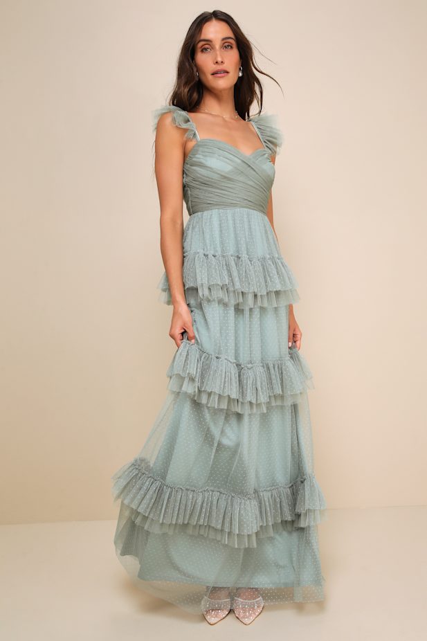 Pure Radiance Sage Brush Mesh Swiss Dot Tiered Maxi Dress