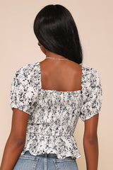Sweetest Direction Ivory and Black Floral Puff Sleeve Top