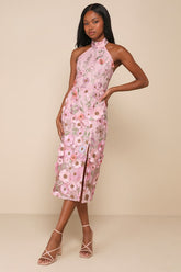 Unique Impression Pink 3D Floral Embroidered Halter Midi Dress