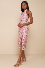 Unique Impression Pink 3D Floral Embroidered Halter Midi Dress