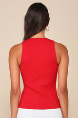 Trendy Endeavor Red Ribbed Notched Tank Top