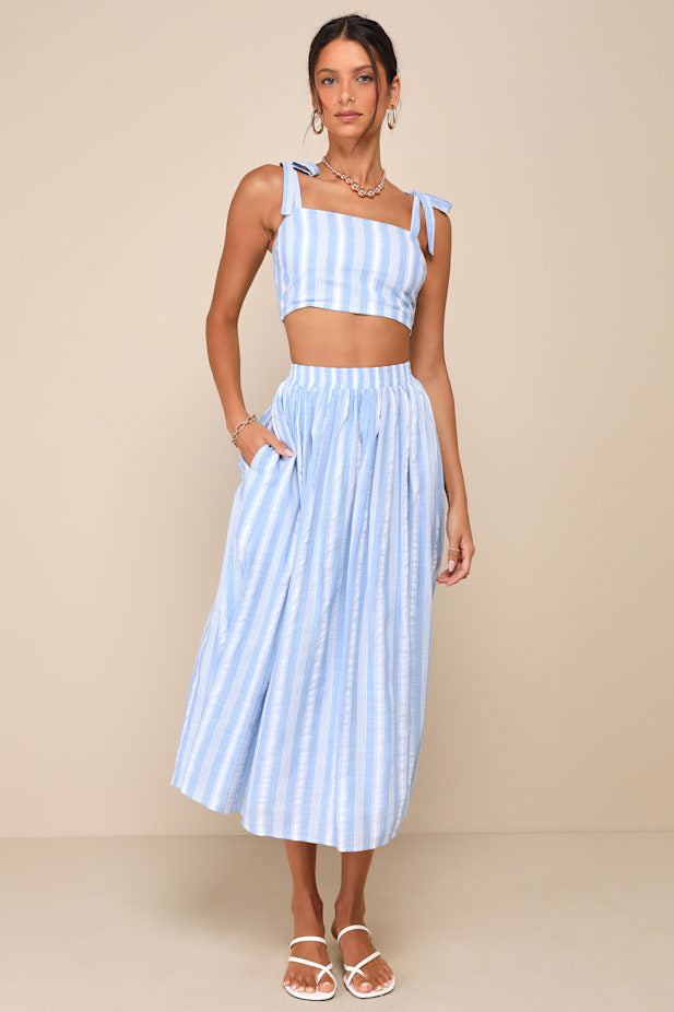Cheerful Season Blue Striped Two-Piece Midi Dress With Pockets