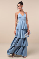 Going with Elegance Slate Blue Satin Tiered Gown
