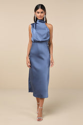 Distinctive Charm Slate Blue Satin Asymmetrical Midi Dress