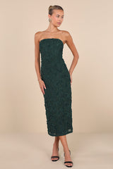 Flawless Perfection Emerald Floral Applique Strapless Midi Dress