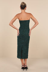 Flawless Perfection Emerald Floral Applique Strapless Midi Dress