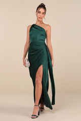 Signature Elegance Emerald Satin One-Shoulder Maxi Dress