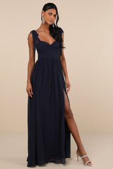 Radiant Charisma Navy Chiffon Ruched Tie-Strap Maxi Dress