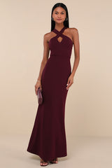 Keep You Enchanted Dark Purple Cutout Halter Mermaid Maxi Dress