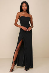 Epitome of Allure Black Mesh Strapless Ruched Maxi Dress