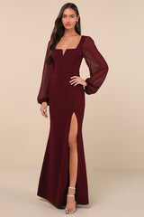 Composed Elegance Burgundy Balloon Sleeve Mermaid Maxi Dress