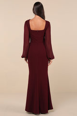 Composed Elegance Burgundy Balloon Sleeve Mermaid Maxi Dress