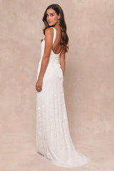 Extraordinary Glamour White 3D Floral Beaded Backless Maxi Dress