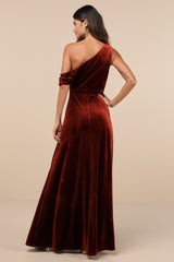 Coveted Confidence Rust Orange Velvet Asymmetrical Maxi Dress