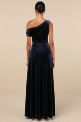 Coveted Confidence Navy Blue Velvet Asymmetrical Maxi Dress