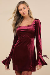 Joyful Poise Burgundy Velvet Long Sleeve Mini Dress