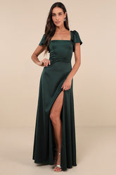 Ultimate Sweetness Emerald Green Satin Flutter Sleeve Maxi Dress