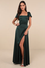 Ultimate Sweetness Emerald Green Satin Flutter Sleeve Maxi Dress