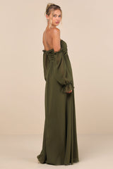 Glorious Invite Olive Green Knotted Off-the-Shoulder Maxi Dress