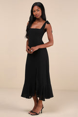 Summer Invite Black Tie-Strap Tiered Midi Dress