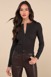 Perfect Classic Charcoal Ribbed Knit Cardigan Sweater