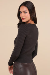 Perfect Classic Charcoal Ribbed Knit Cardigan Sweater
